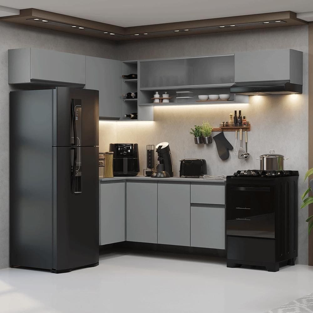 Armário De Cozinha Completa De Canto Suspenso 405cm Nice Madesa 03 Cinza