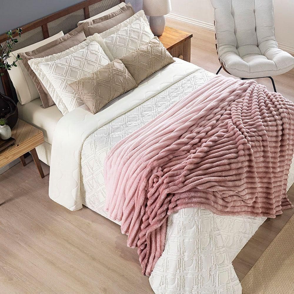 Coordenado Cobre Leito E Cobertor Fluflu Queen Ultrasoft Alto Relevo Dupla Face Rosê 100% Poliéster