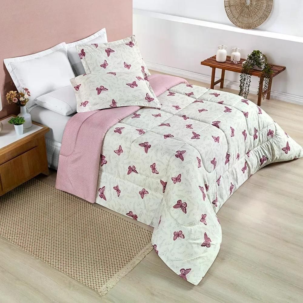 Edredom Queen Estampado Micropercal 200 Fios 03 Peças Avere Borboletas Borboletas