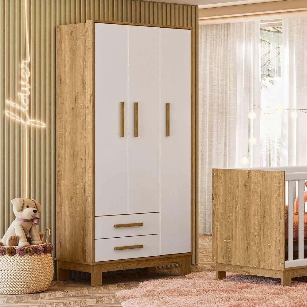 Guarda Roupa 3 Portas 2 Gavetas Que Encanto Slim Freijo Toque Branco Acetinado