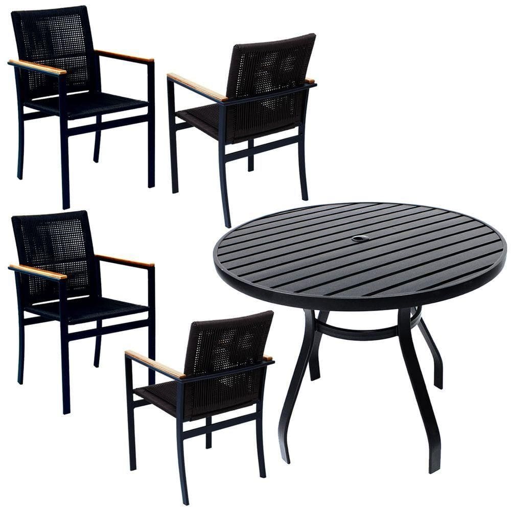 Jogo De Mesa Ripada 1,00m 4 Poltronas Amélia Corda Náutica Para Jantar Jardim Piscina Preto