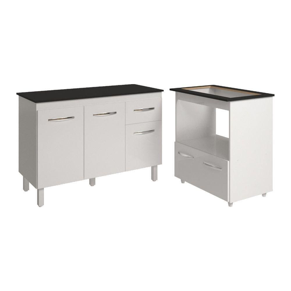 Balcão Armário Gabinete Aline 118 Cm Branco Com Tampo Preto E Balcão Evelyn Para Cooktop 5 Bocas Branco