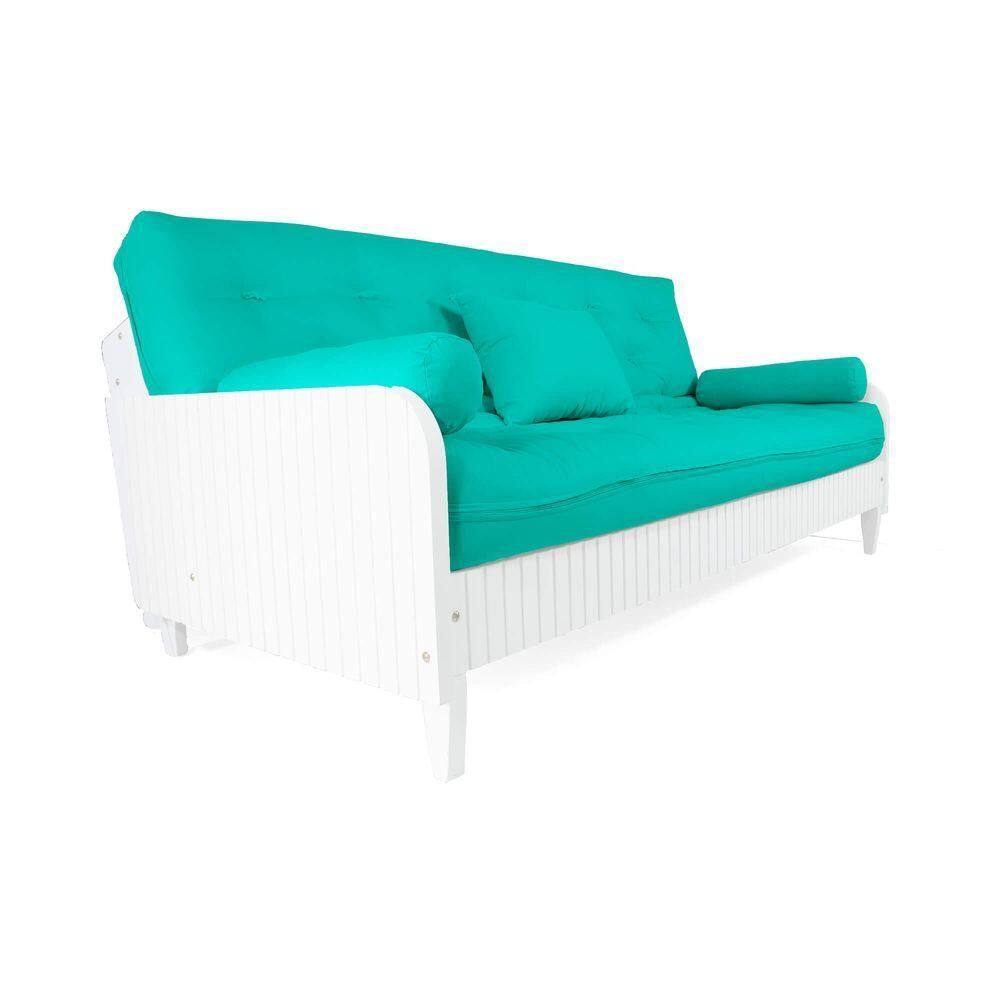 Sofá Cama Paris Ripado Branco Sarja Azul Turquesa Madeira Nobre