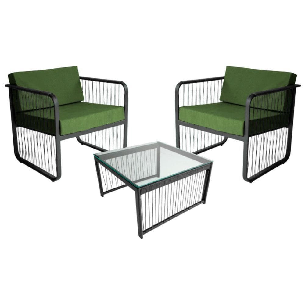 Conjunto 2 Poltronas E Mesa Centro Fibra Sintética Santiago Preto-verde