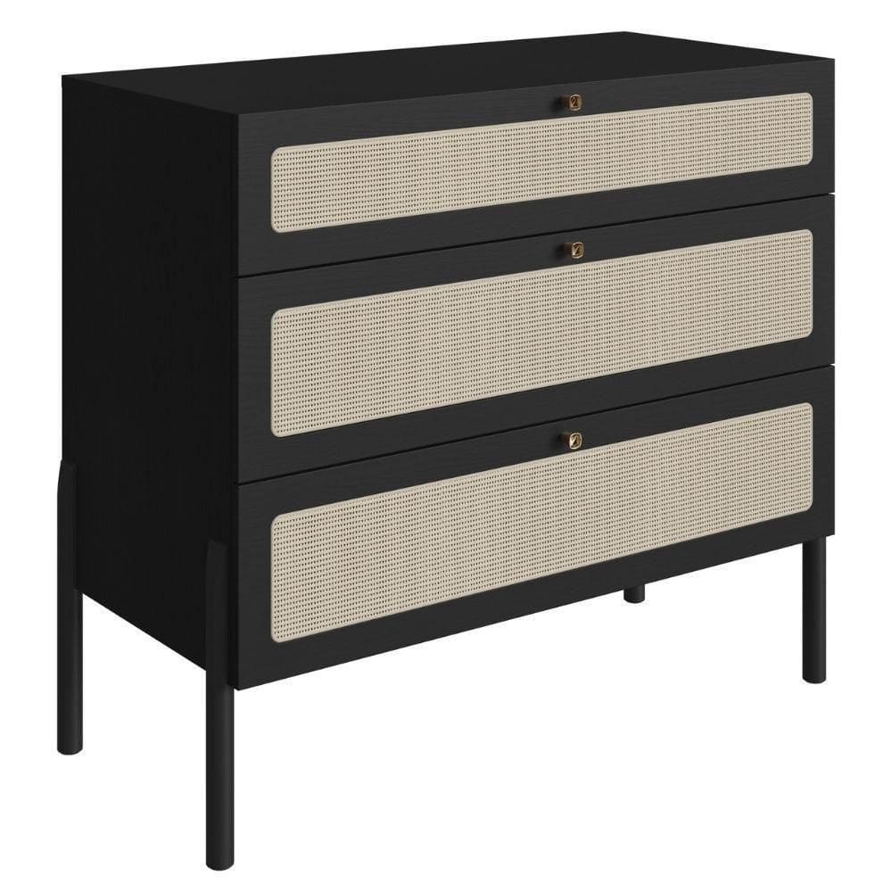 Cômoda 3 Gavetas Oslo Artesano 93 Cm (largura) Em Mdp Nero Palha Sintética Bege Pé Madeira Maciça
