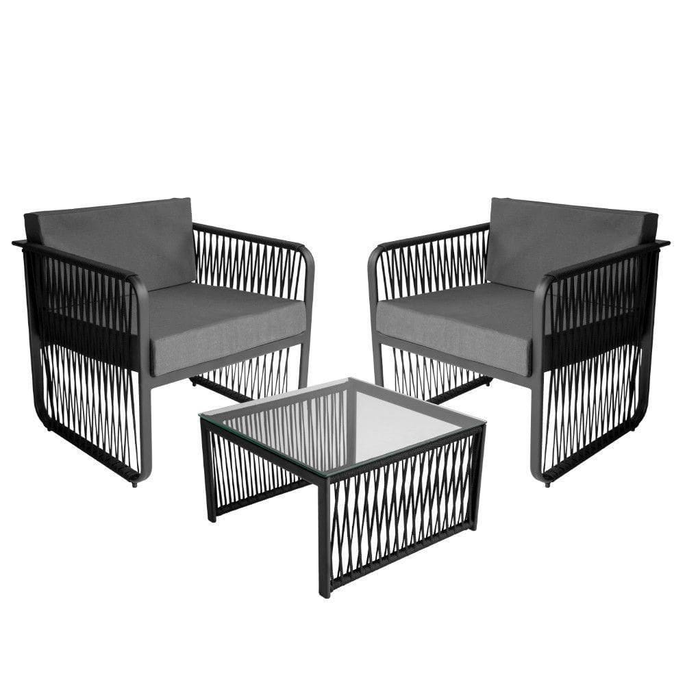 Conjunto 2 Poltronas E Mesa Centro Corda Náutica Santiago Preto-cinza