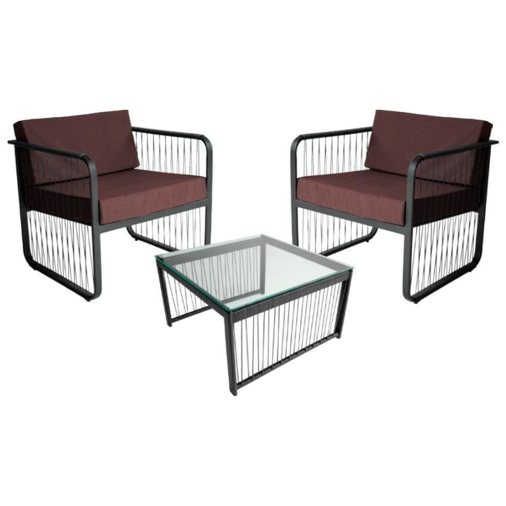Conjunto 2 Poltronas E Mesa Centro Fibra Sintética Santiago Preto-marrom
