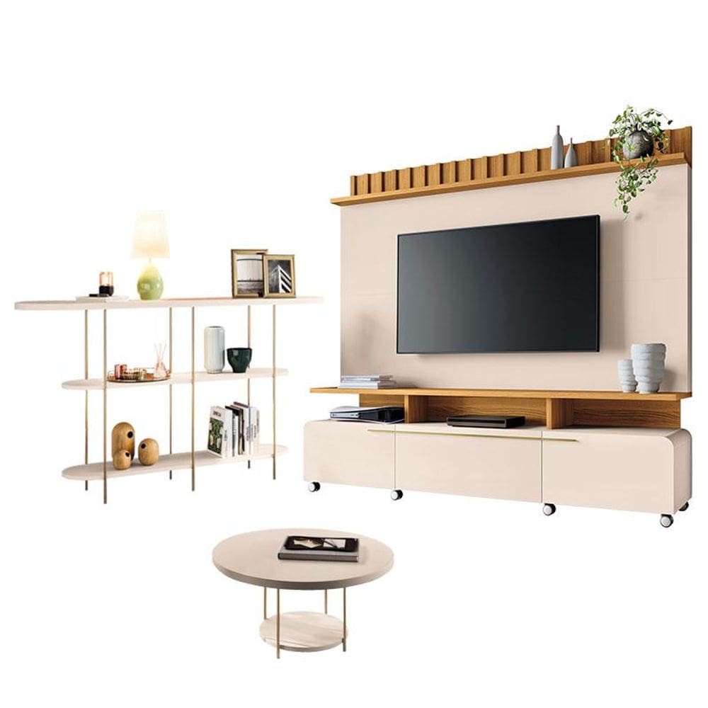 Estante Home Theater Artís Off White Cinamomo e Aparador Infinity e Mesa de centro Sky Off White - HB Móveis