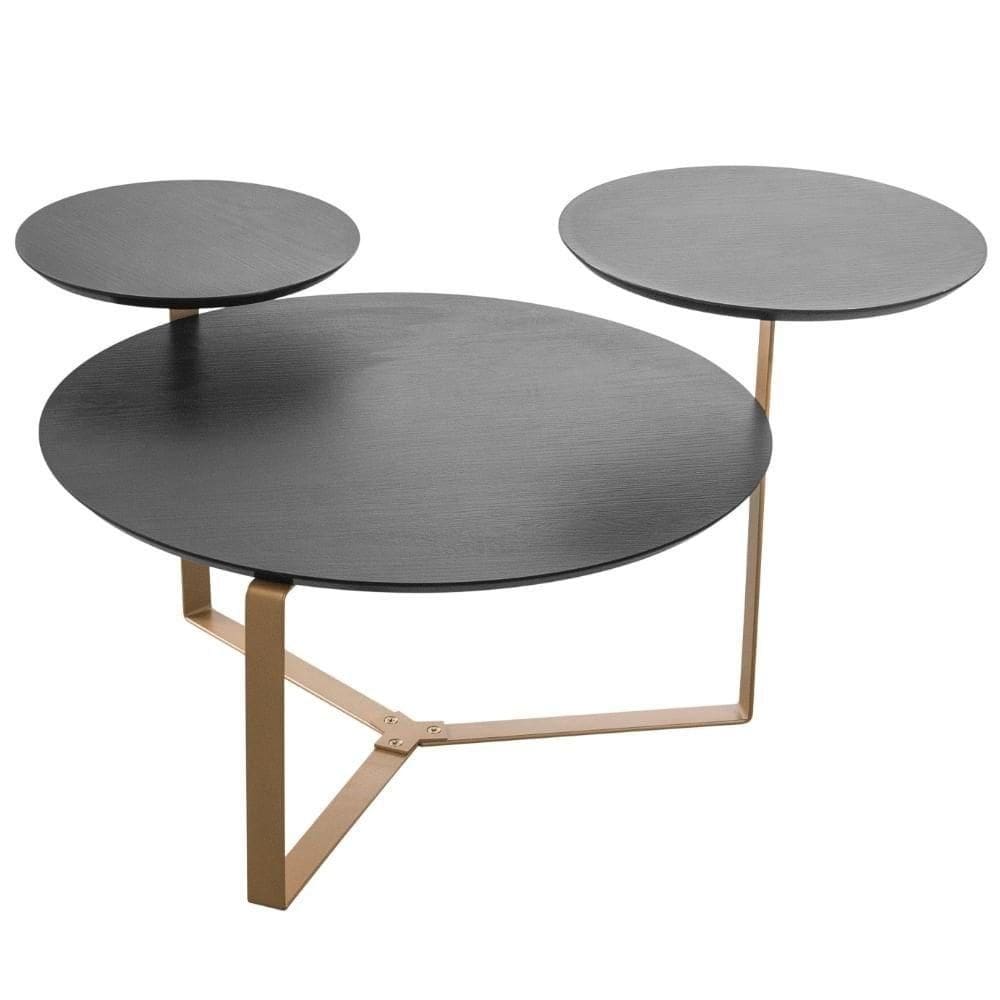 Mesa De Centro Industrial Chanfrada Artesano 83 Cm (larg) 3 Tampos Mdp Nero (preto) Pé Aço Dourado