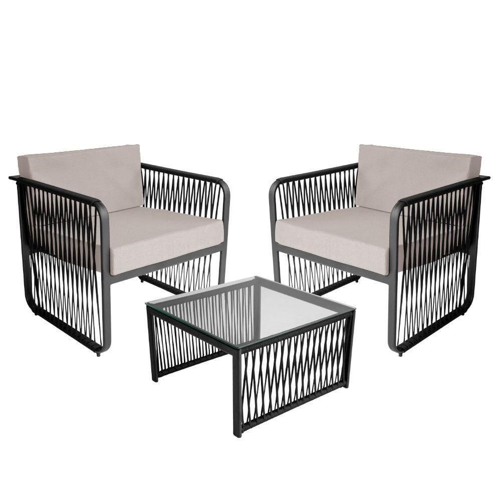 Conjunto 2 Poltronas E Mesa Centro Corda Náutica Santiago Preto-branco