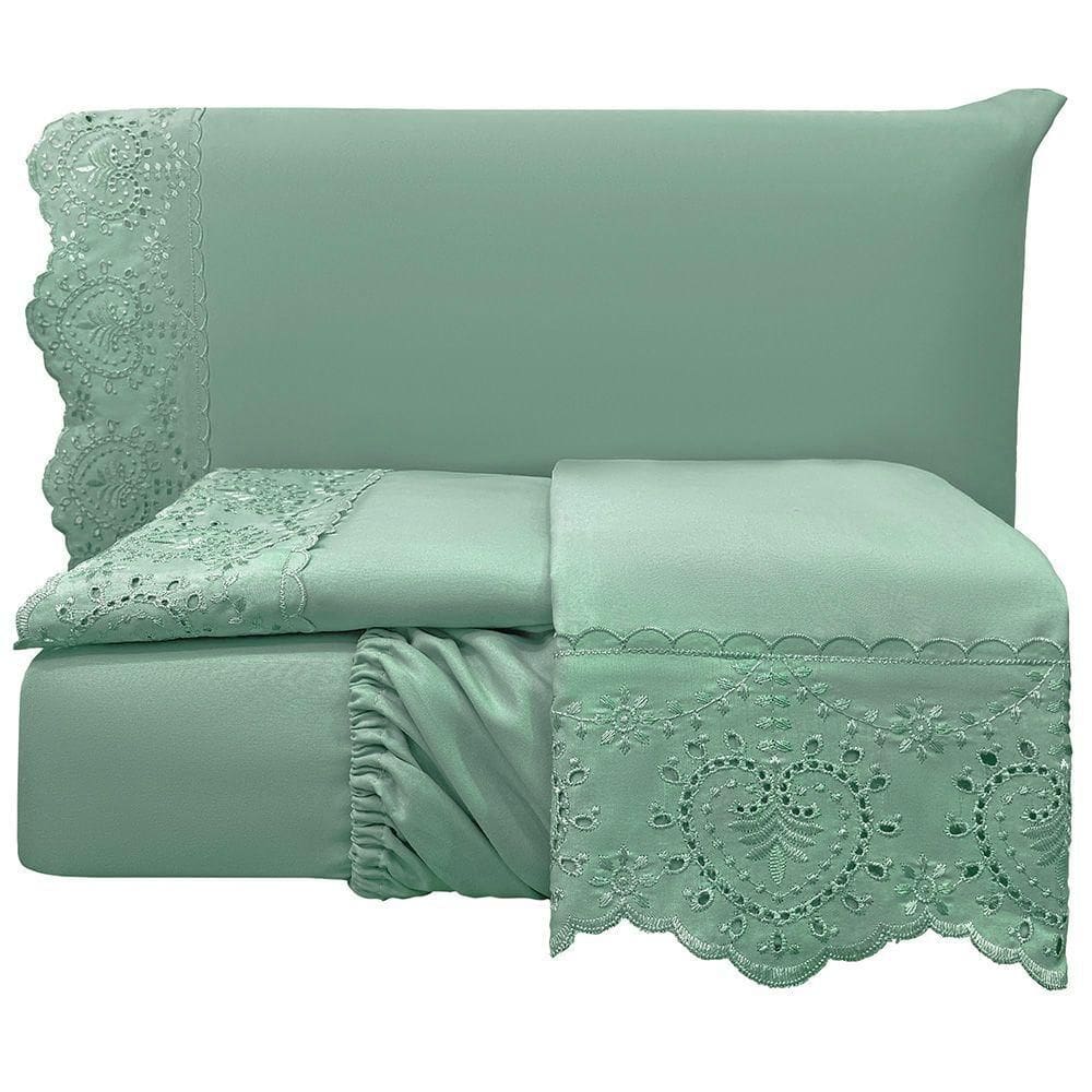 Jogo De Cama Lençol Queen Nupcial Percal 300 Fios 4 Peças Verde 100% Poliéster