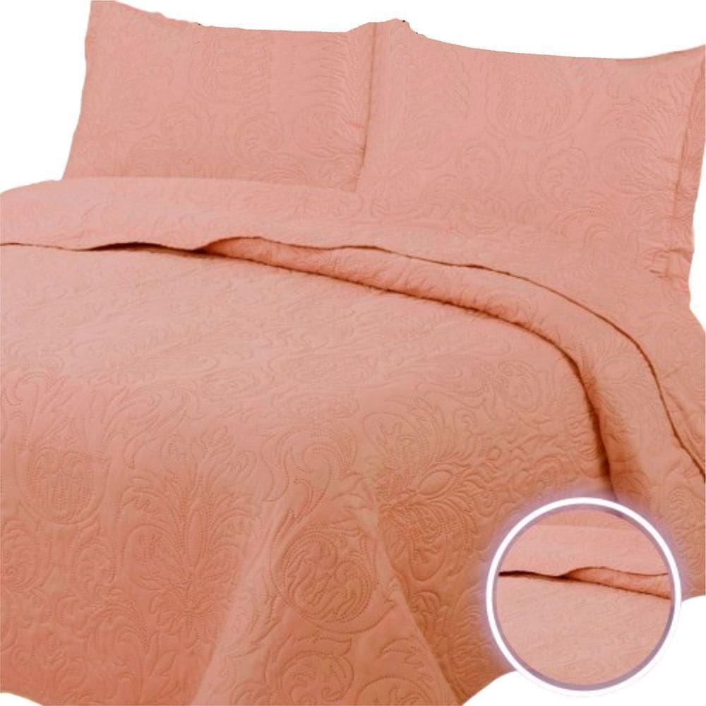 Colcha Casal Padrão Bouti Dupla Face 03 Peças Salmão 100% Poliéster