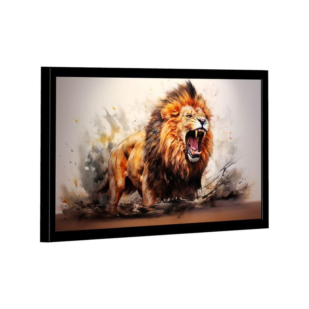 Quadro Decorativo Leão Majestoso Aquarela 150x100 Moldura Preta e Vidro