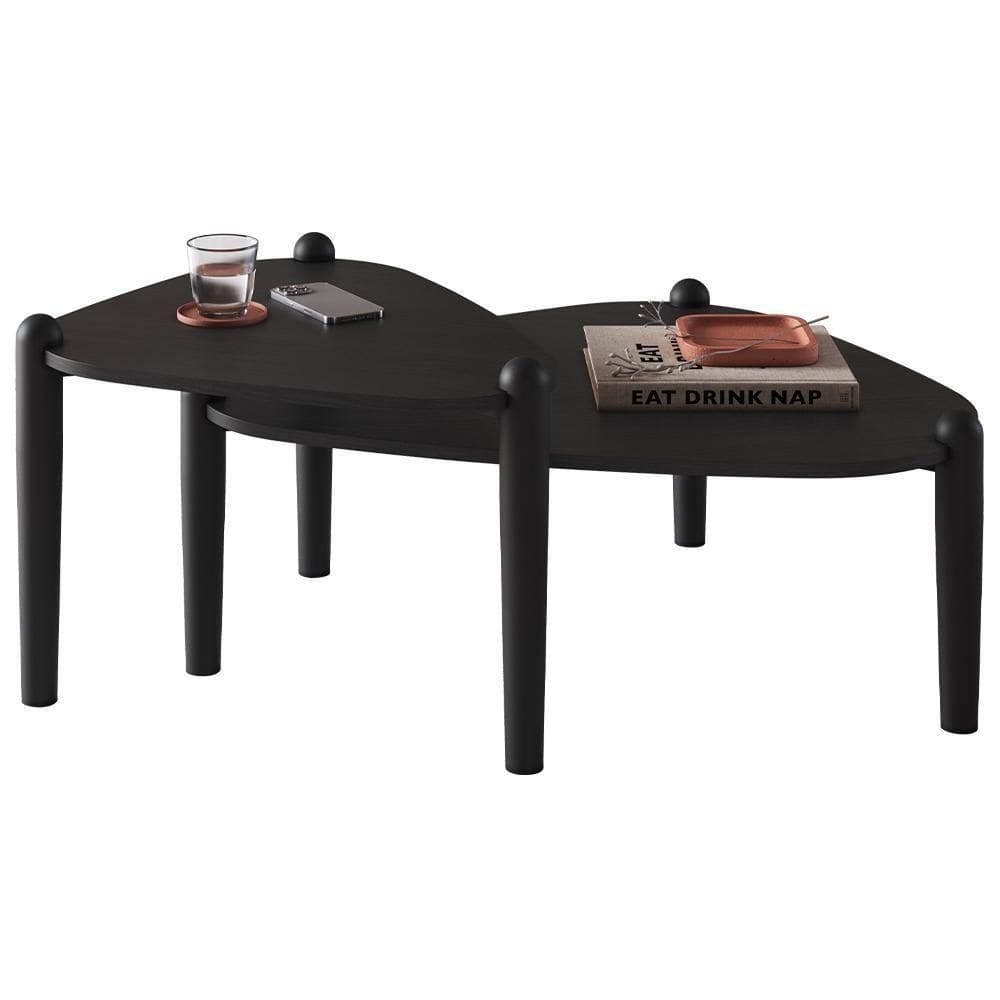 Kit 02 Mesas De Centro Para Sala De Estar Pés Madeira Trium A03 Nero Preto - Lyam Decor