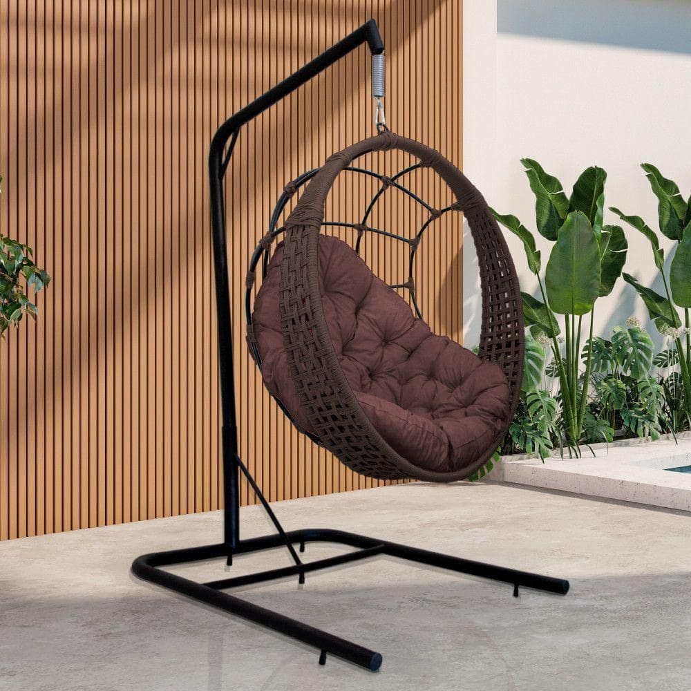 Cadeira Balanço Ninho Suspenso Em Corda Náutica Luxo Com Suporte Marrom