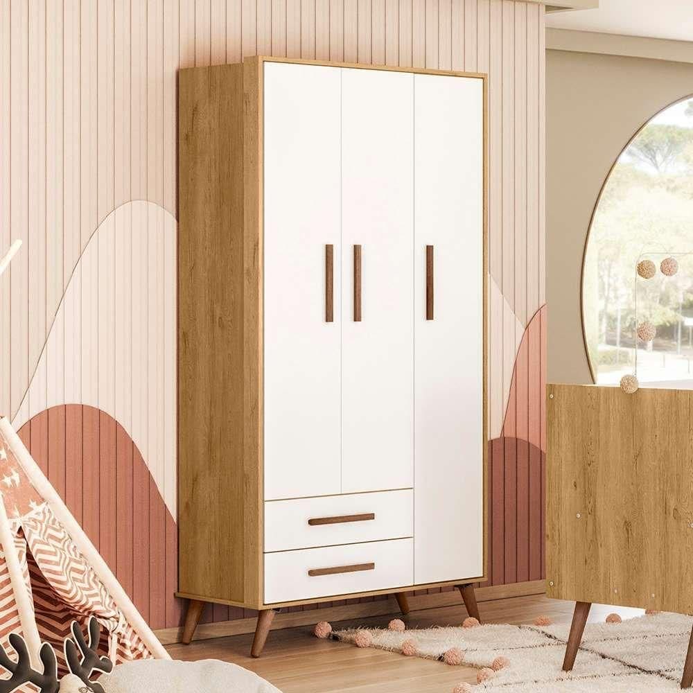 Guarda Roupa 3 Portas 2 Gavetas Que Encanto Retro Freijo Toque Branco Acetinado