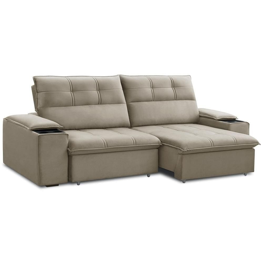 Sofá Retrátil Reclinável 3 Lugares Sala De Estar 225cm Merida F04 Veludo Marrom Claro - Lyam Decor