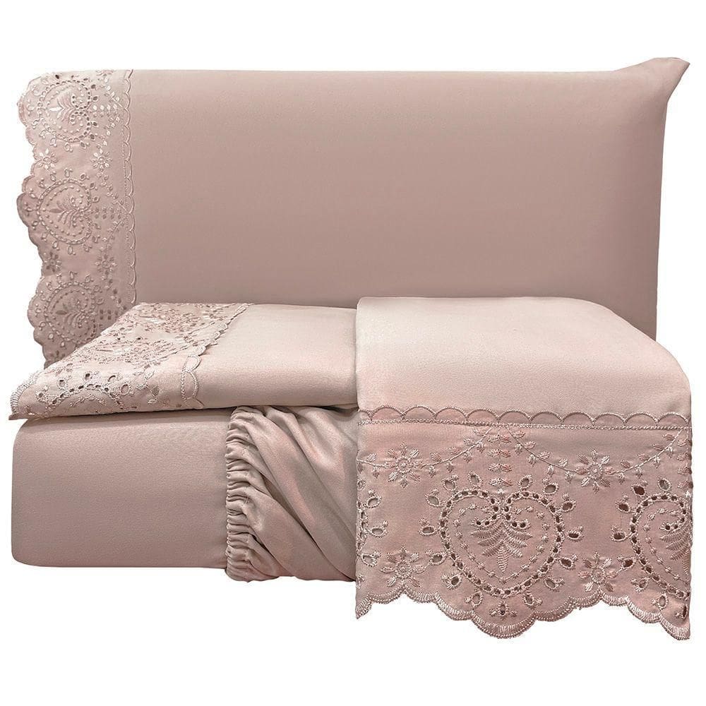 Jogo De Cama Lençol Queen Nupcial Percal 300 Fios 4 Peças Rosê 100% Poliéster