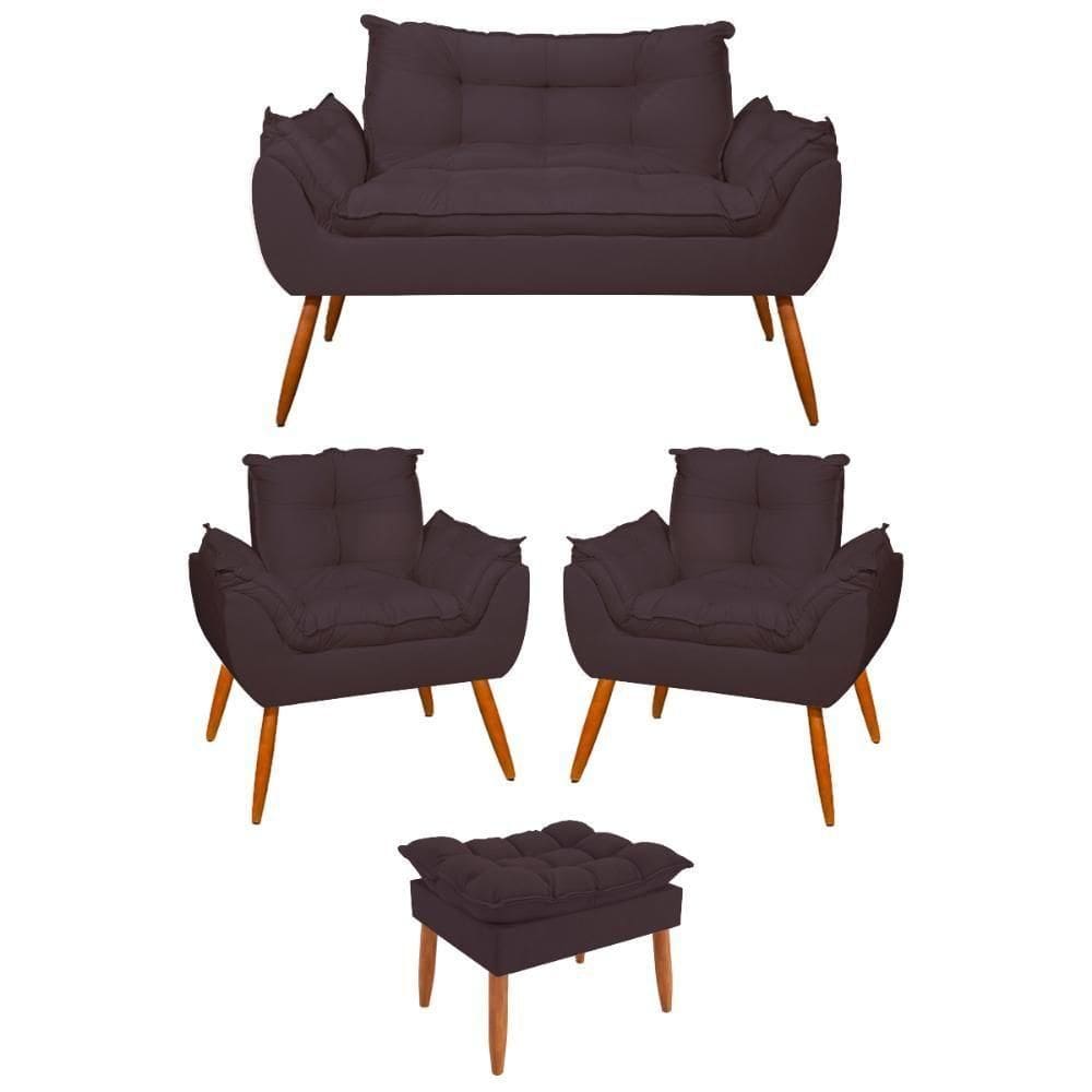 Kit 02 Poltronas + Sofá 2 Lugares Com Puff Opala Balaqui Cinza
