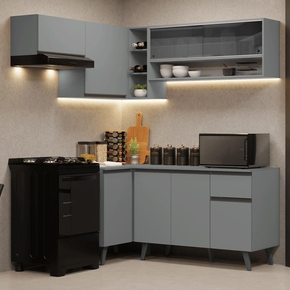 Armário De Cozinha Completa De Canto 325cm Nice Madesa 04 Cinza