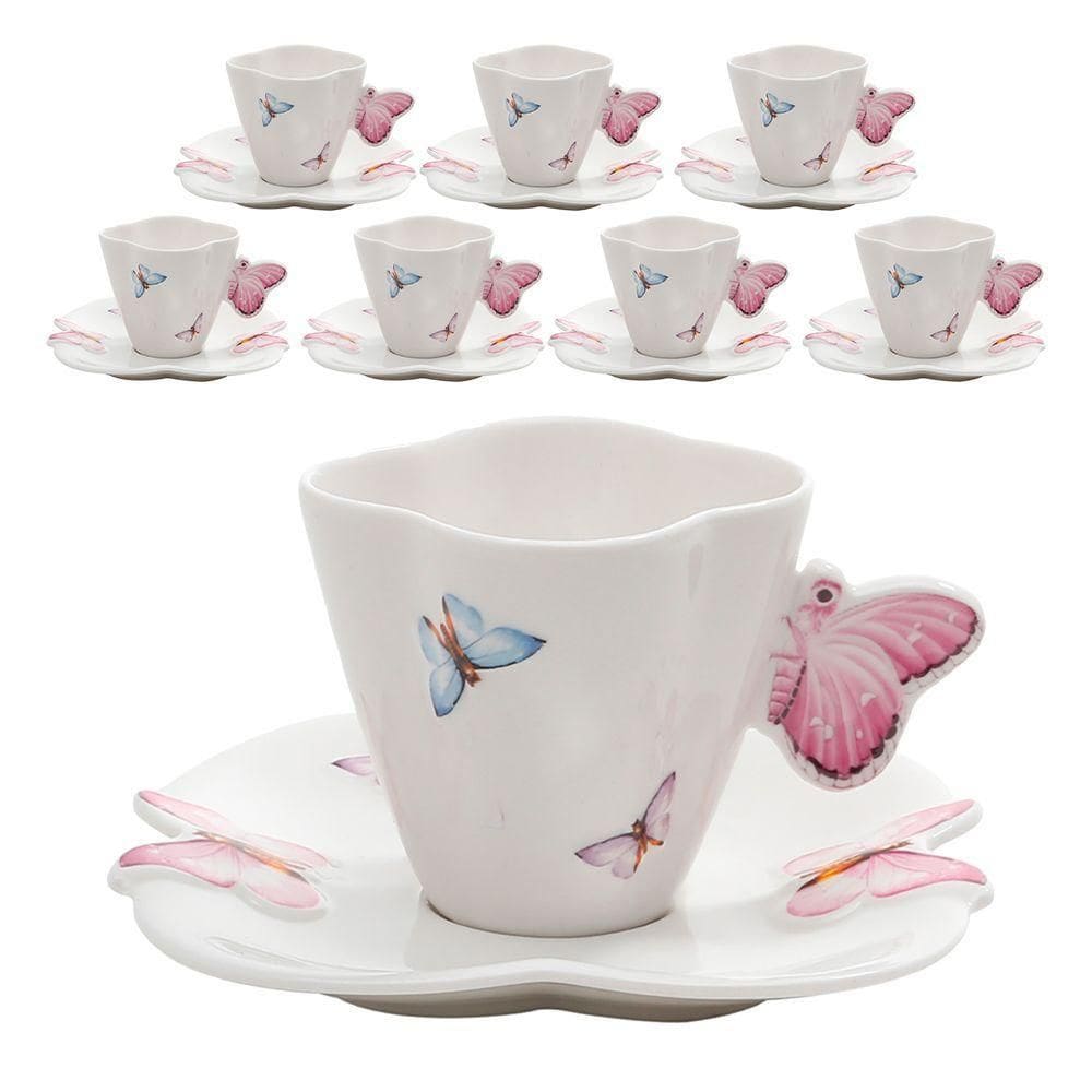 Jogo 8 Xicaras De Chá Porcelana Com Pires Borboletas 200ml Wolff