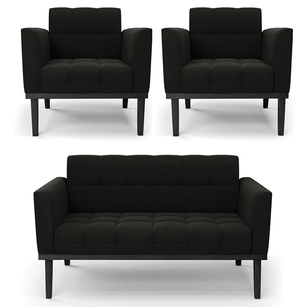 Sofá Namoradeira E 2 Poltronas Base Madeira Preto Ana Suede Preto - Ibiza