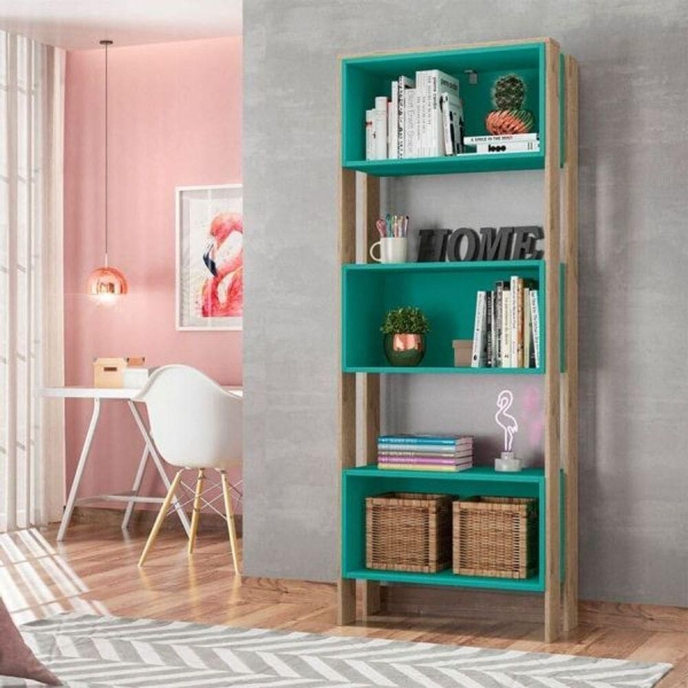 Livreiro Com Nicho Carvalho Toque Rust Turquesa