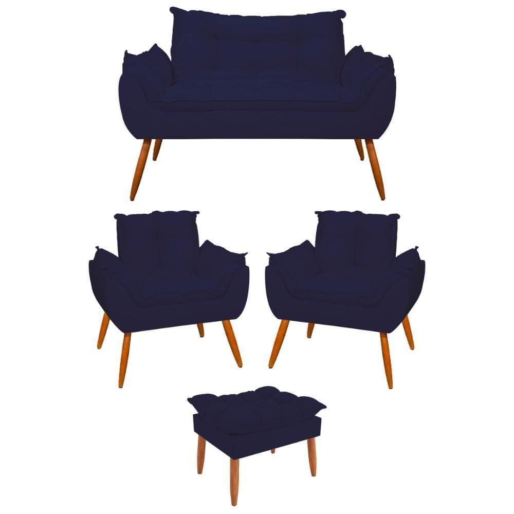 Kit 02 Poltronas + Sofá 2 Lugares Com Puff Opala Balaqui Azul Marinho
