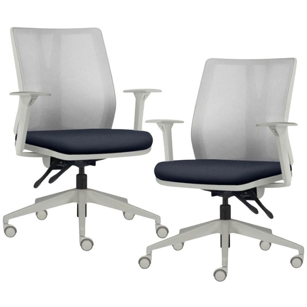 Kit 2 Cadeiras De Escritório Giratória Diretor Flow F02 Base Cinza Sintético Azul - Lyam Decor