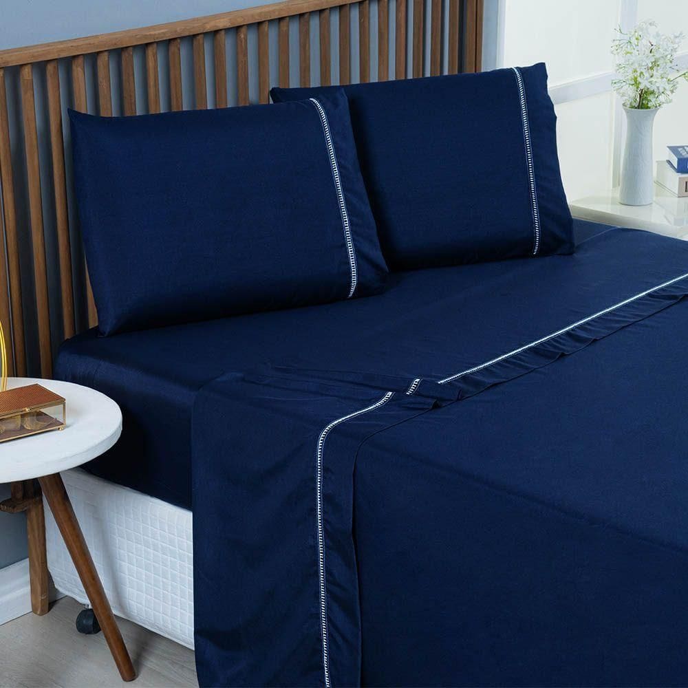 Jogo De Lençol Bariloche King 4 Peças Peças Micro Percal 400 Fios Ponto Palito Liso - Azul Marinho