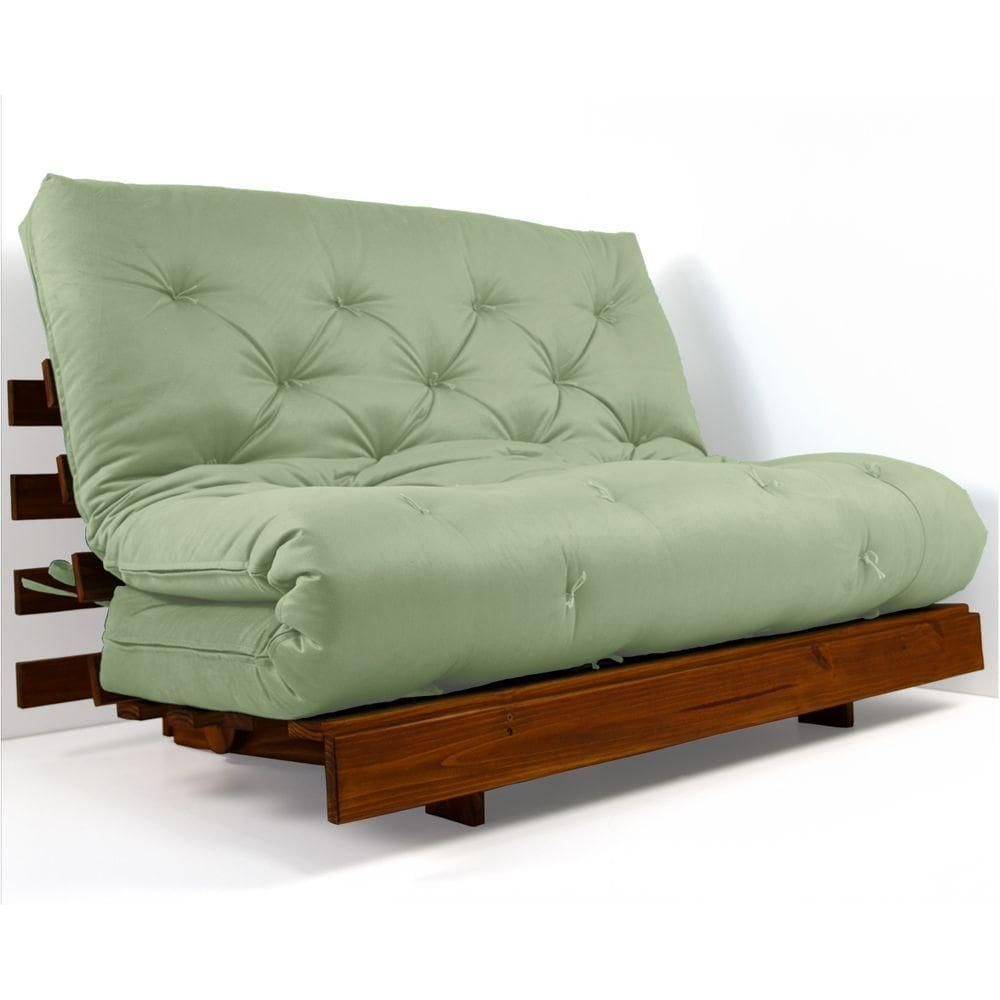 Sofá Cama Casal Futon Tokio Verde Chá Sarja Impermeável Madeira Maciça Cor Imbuia