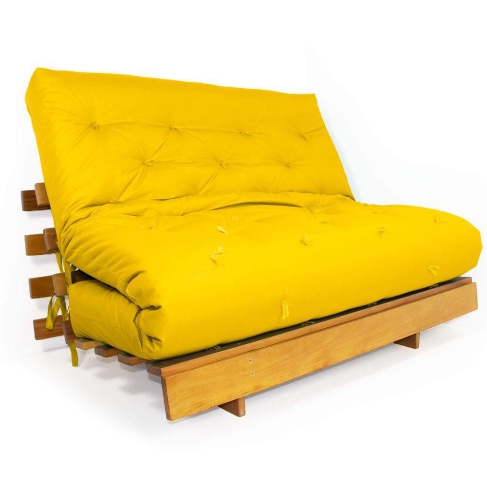 Sofá Cama Casal Futon Tokio Amarelo Madeira Maciça Grapia Cor Natural