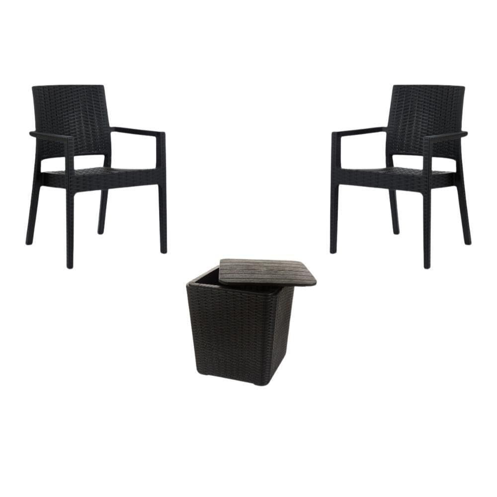 Kit 2 Cadeiras Com Braço Milano Rattan + Mesa Capri Preta