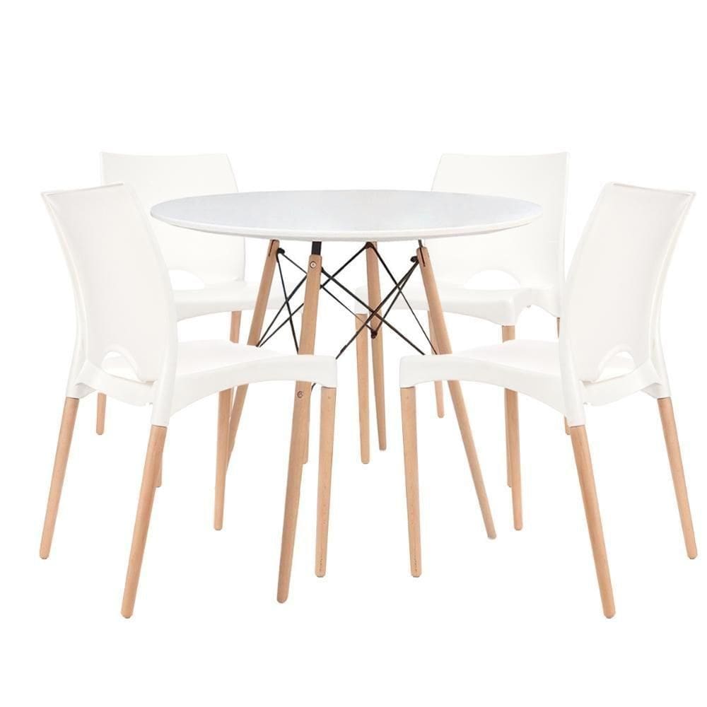 Mesa Charles Eames Redonda 90cm Tampo Madeira + 4 Cadeiras Cannes Branca