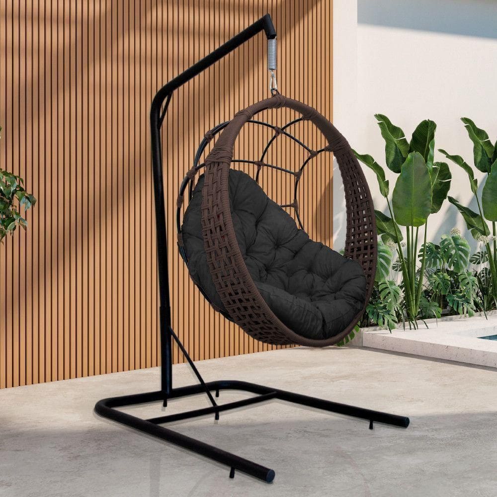 Cadeira Balanço Ninho Suspenso Em Corda Náutica Luxo Com Suporte Marrom-preto
