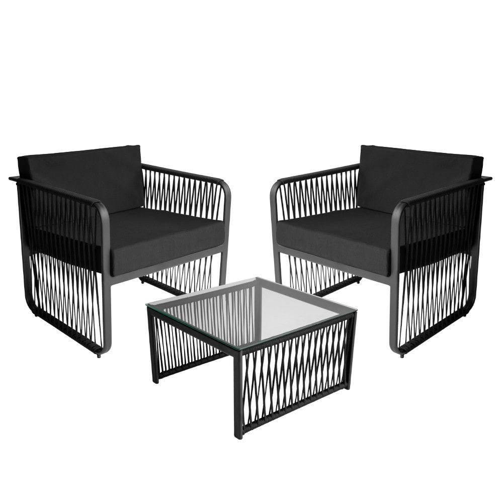 Conjunto 2 Poltronas E Mesa Centro Corda Náutica Santiago Preto-preto