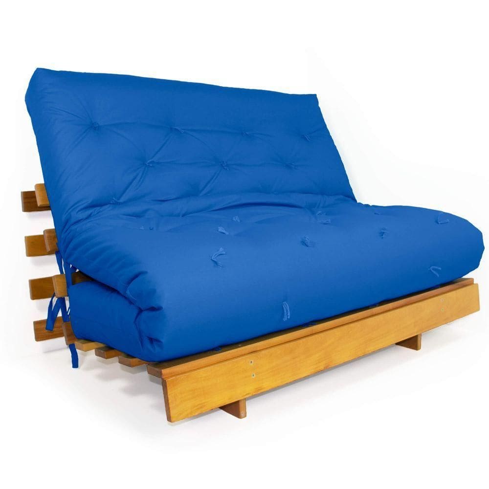 Sofá Cama Casal Futon Tokio Azul Royal Madeira Maciça Grapia Cor Natural