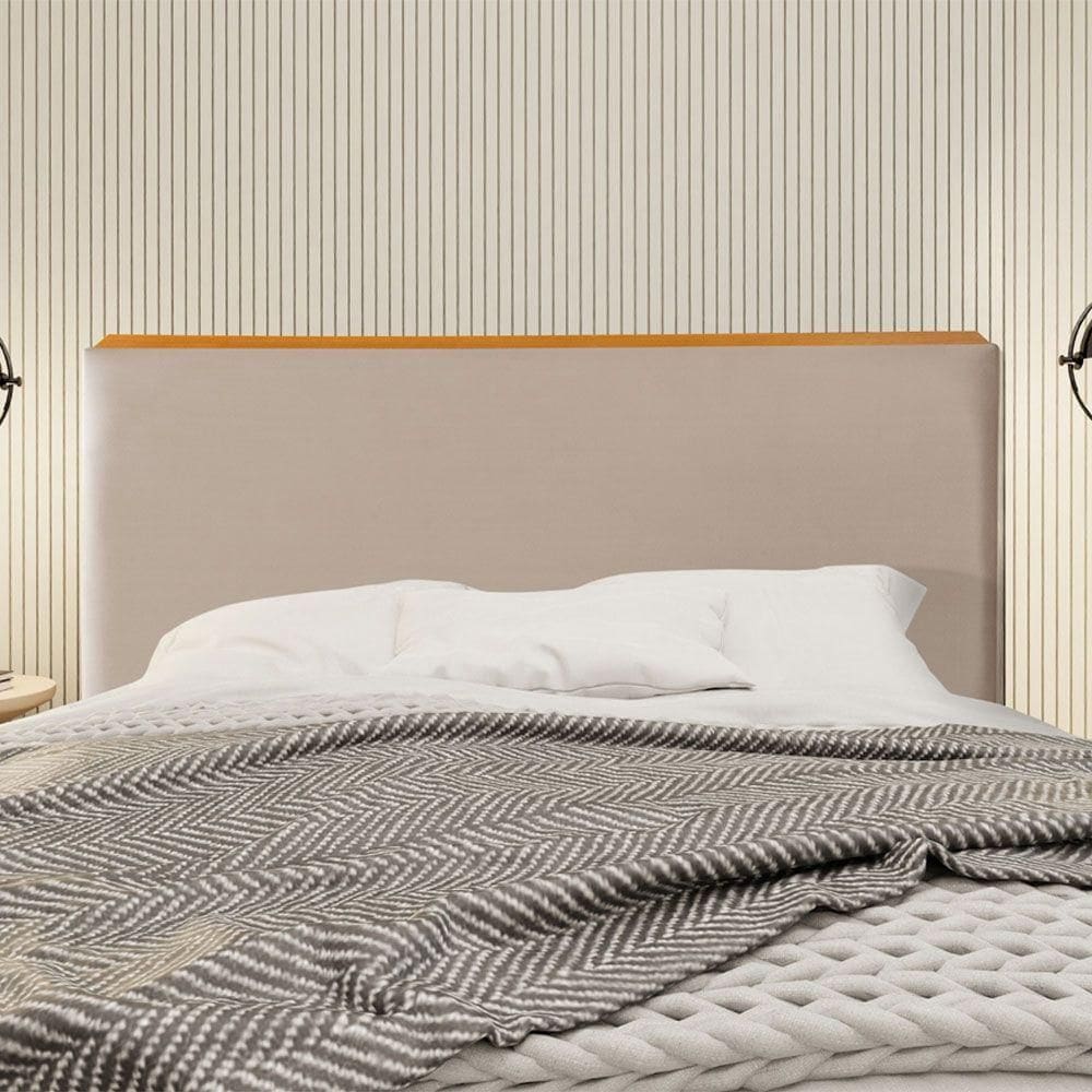 Cabeceira Cama Box Queen 1,60m Estofada Detalhe Em Madeira Java Veludo Bege