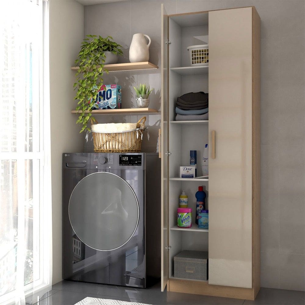 Armário Multiuso Malta 2 Portas 4 Prateleiras Acácia Madeirado/Reflecta Brilho - Panorama Móveis