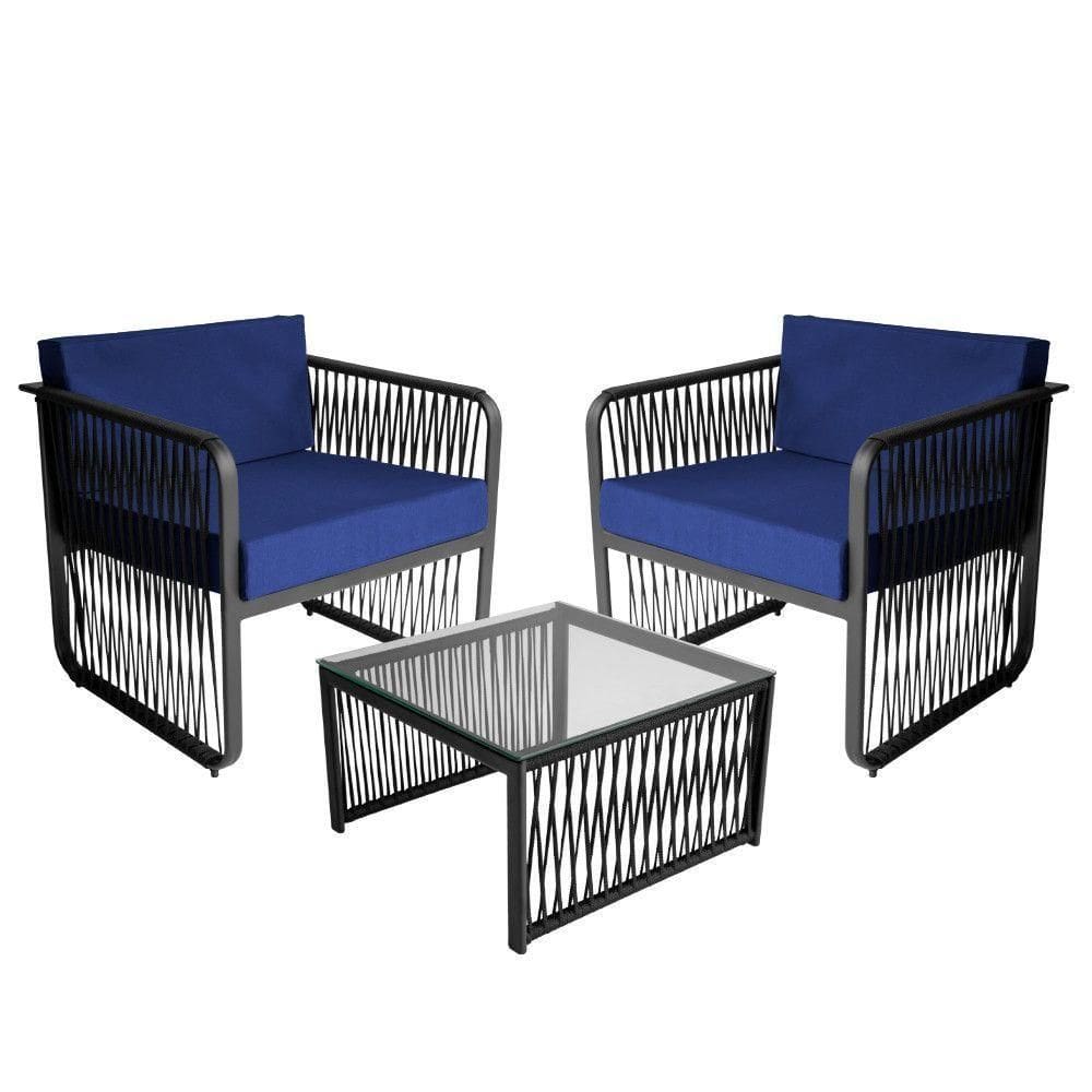 Conjunto 2 Poltronas E Mesa Centro Corda Náutica Santiago Preto-azul