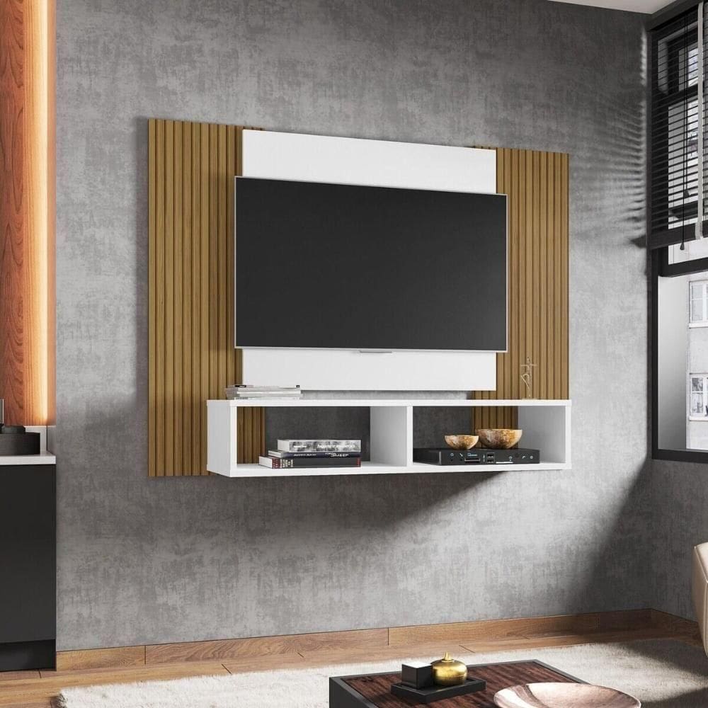 Painel Para Tv Até 42 Polegadas Com Nichos Multimóveis Cr45289 Branco Ripado