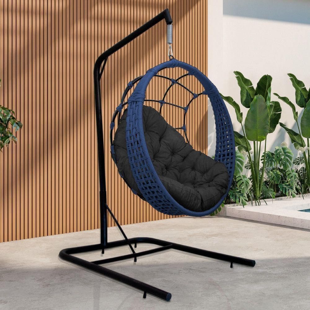 Cadeira Balanço Ninho Suspenso Em Corda Náutica Luxo Com Suporte Azul-preto