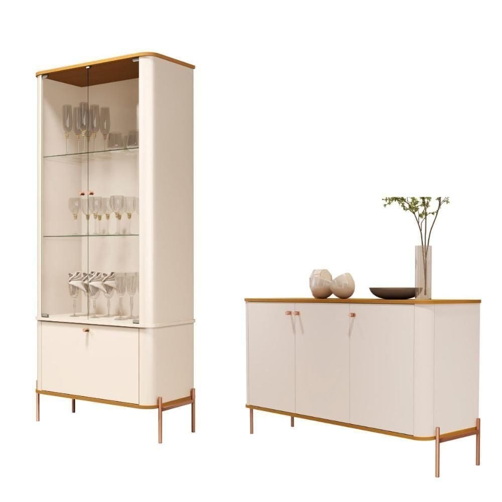 Conjunto Buffet E Cristaleira Rouxinol Off White Nature Bronze
