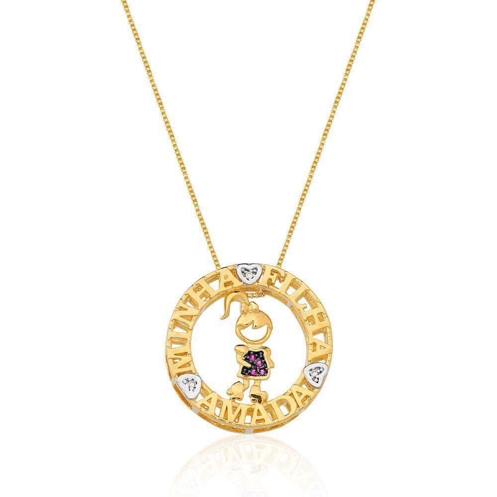 Colar Mandala Minha Filha Amada Menina Banhado Ouro 18k Com Zirconias Rubi