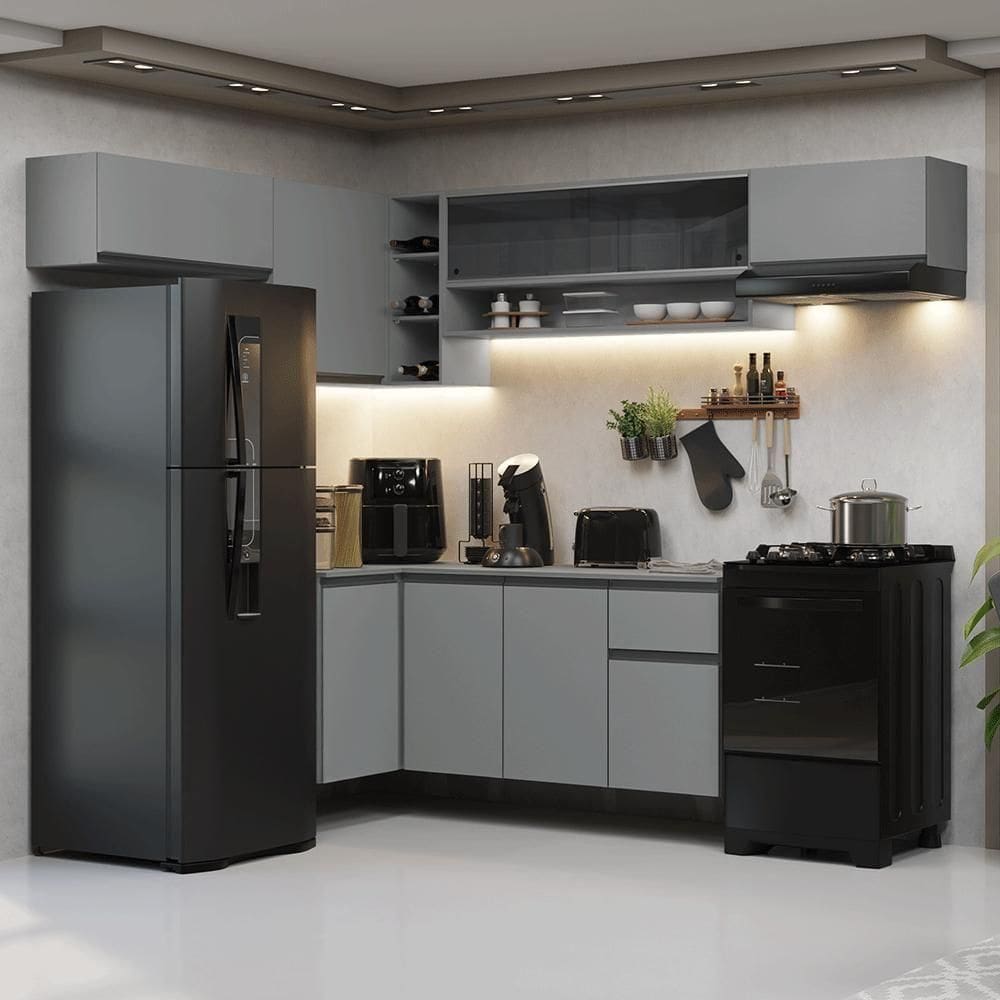 Armário De Cozinha Completa De Canto Suspenso 405cm Nice Madesa 04 Cinza