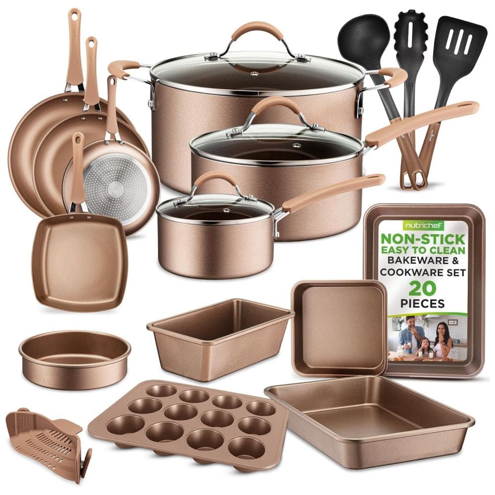 Conjunto de Panelas Antiaderentes e Utensílios, Peças, NUTRICHEF 20 Piece Nonstick, Dourado