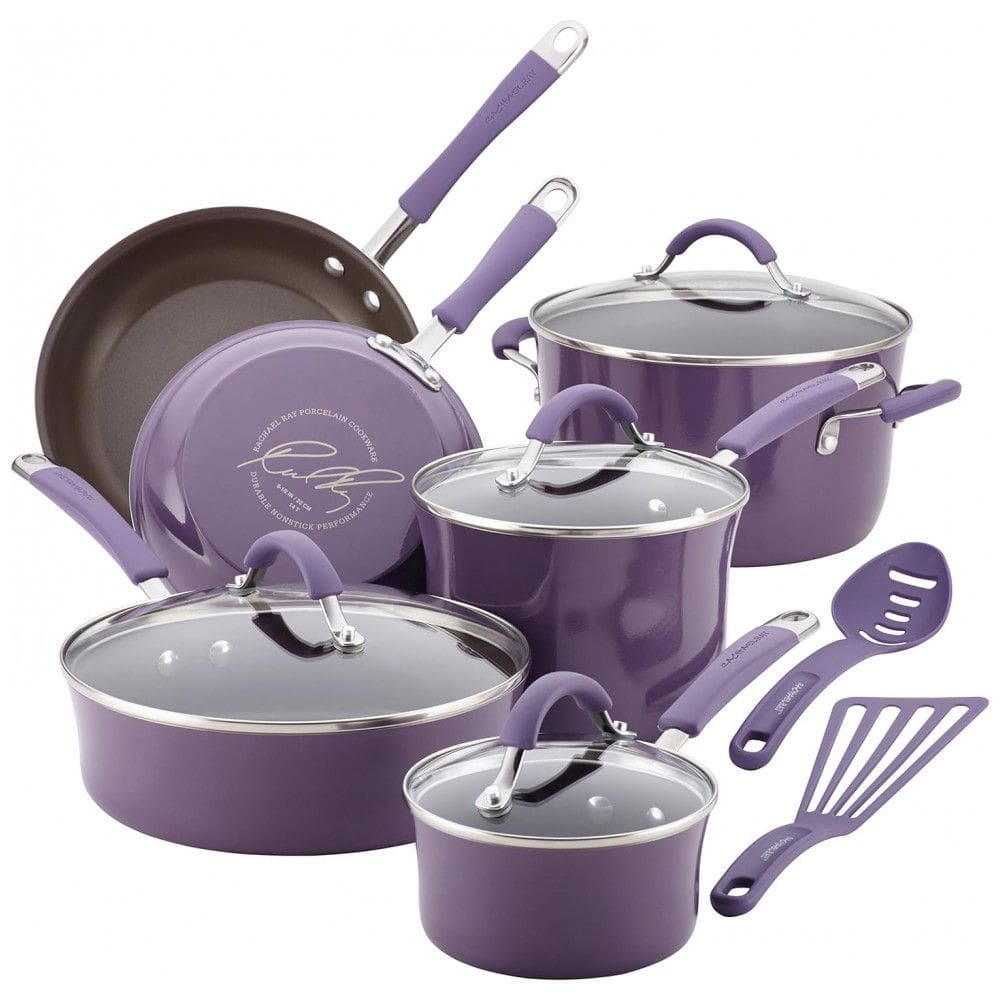 Jogo de Panelas e Frigideiras Antiaderentes em Alumínio com Utensílios, 12 Peças, Rachael Ray, Roxo