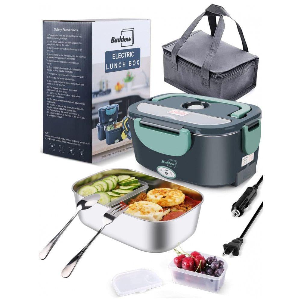 Marmita Elétrica Portátil 3 em 1 com Garfo, Colher e Bolsa para Transporte, 12V bivolt 80W, Buddew, Verde e Azul