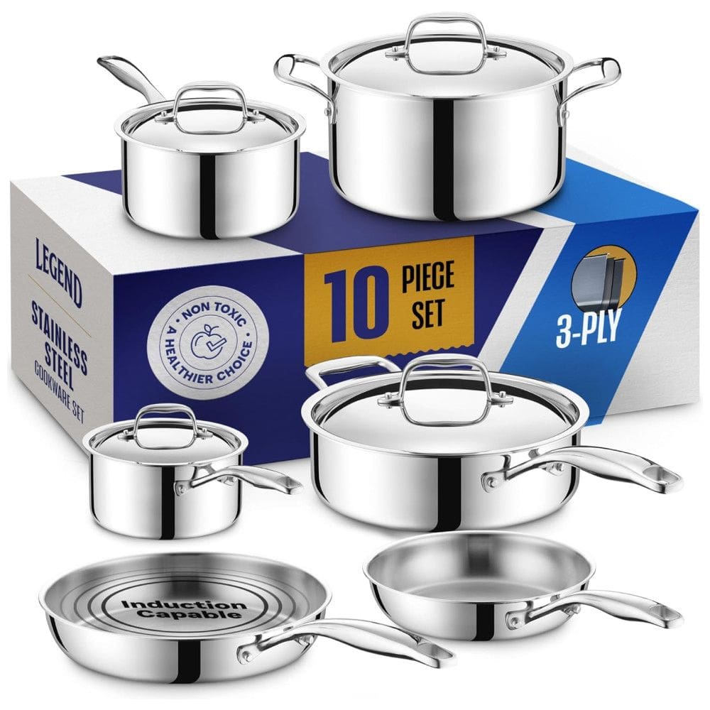 Jogo de Panelas e Frigideiras em Aço Inoxidável com 10 Peças e Utensílios de Cozinha, LEGEND COOKWARE, Prata