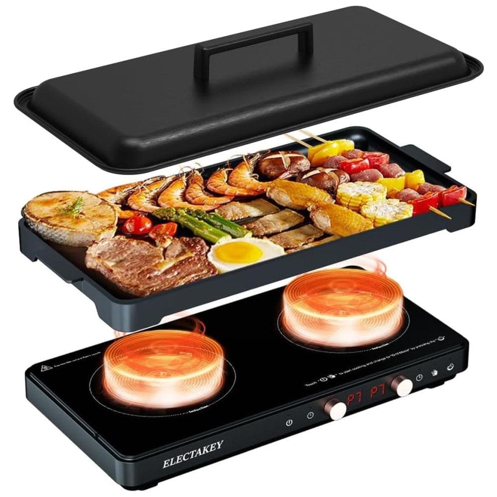 Cooktop de Indução Elétrico com 2 Queimadores, Frigideira Removível Antiaderente e Controle de Temperatura Independente, 110V 1800W,